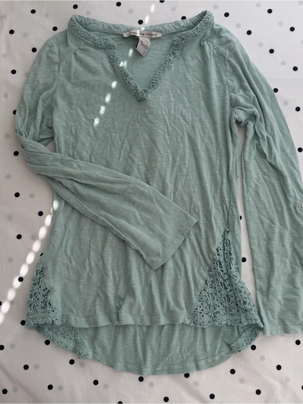 American Rag Mint Green Long Sleeve Crochet Trim Top